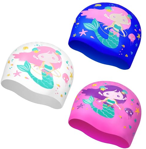 Fourluoo 3 Pcs Kids Swim Caps for Boys Girls Age 2-12 Swimming Hat Pool Cap Child Swim Hat for Toddler Youth(Mermaid)