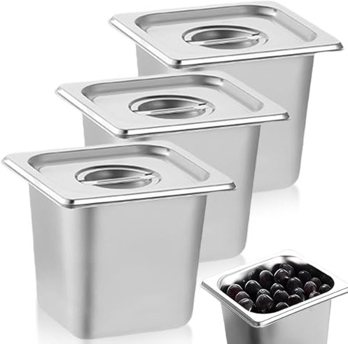 Recipientes de acero inoxidable con tapa, juego de 3 cuencos con tapa, cuenco de acero inoxidable para chuletas, pescado y carne, ideal para empanados, buffet, catering, cocina, 17,6 x 16,2 x 10 cm