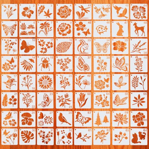 64 Pezzi Stencil a Forma di Fiore per Dipingere, 7,7x7,7 cm Modelli di Animali Riutilizzabili Stencil Divertenti Dipingere su Legno per Bambini e Adulti Progetti Artistici Fai Da Te