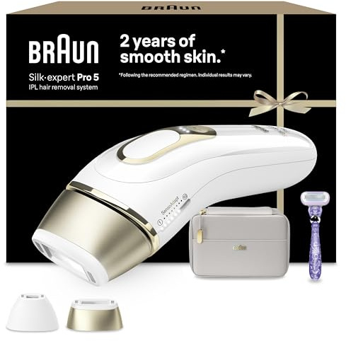 Braun IPL Silk-Expert Pro 5, at Home Hair Removal, Alternative for Laser Hair Removal, Includes Pouch, Venus Razor, Precision Head, 2 Years of Smooth Skin, Gift for Women, White/Gold, PL5138