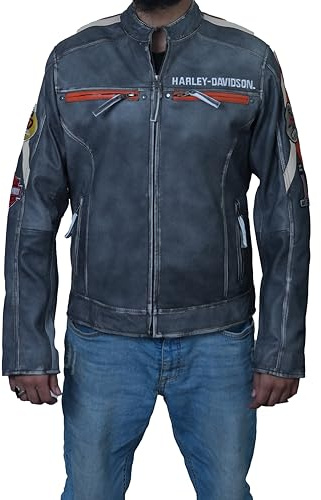 Jorde Calf Piel de cabra retro para hombre, chaqueta de cuero estilo moto H-D, estilo motociclista vintage desgastado (3XS-5XL), Negro -, Large