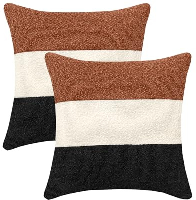 Vfuty 20x20 Texture Stripe Throw Pillow Covers Set of 2 Soft Cozy Boucle Decorative Pillow Cover Modern Neutral Sofa Pillow Cases for Couch Bed Living Room Boho Farmhouse Home Decor,Rust/Cream/Black