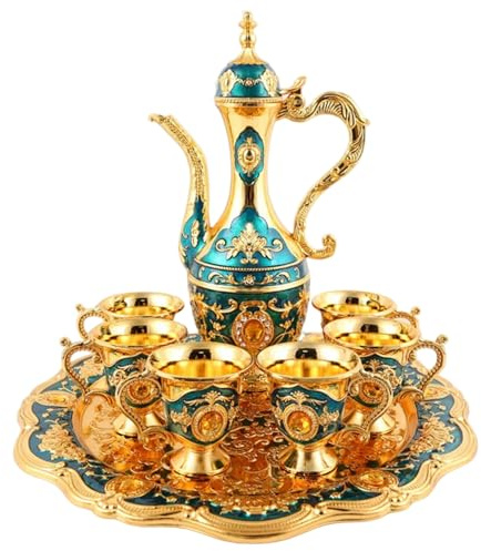 Ensemble de thé turc, tasse de café turque doré exquis vintage avec plateau et 6 tasses, verre à thé marocain luxe en métal pour décorations à la maison