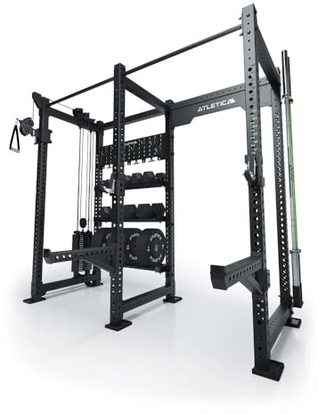 ATLETICA R8 Falcon L | Schwarz | Kompaktes Power Rack mit Kabelzug | 95kg Gewichtsblock & komplettem Storage-System – ideal für Studios & Personal Training