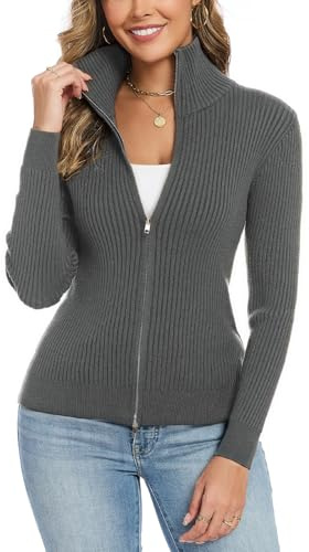 Dosieyeo Damen Strickjacke Langarm Stehkragen Cardigan mit Reißverschluss Leichte Gerippt Strickweste Casual Jacke für Alltag