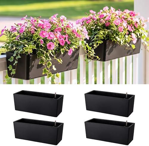 LáLáGreen Växtlådor för utomhusbruk 35,5 cm, set om 4, svarta rektangulära självvattnande balkonglådor med hållare, hängande växtlådor för örter, blommor, terrass och trädgård