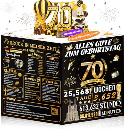 OLOSONG Geburtstagskarte 70, 3D Pop Up Karte Geschenke Zum 70 Geburtstag für Mann Frau, Lustige Golden Deko 70. Geburtstag Für Mama Oma Papa Ehemann Ehefrau Freunde Ihn Sie, Back in 1956 Mit Umschlag