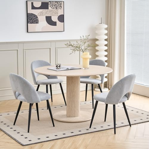 HJhomeheart Esszimmergarnitur, Runder Esstisch (115 cm Durchmesser) und 4 Esszimmerstühle mit Stoffbezug, Geeignet für Esszimmer, Küche und Wohnzimmer (Beige + Grau)
