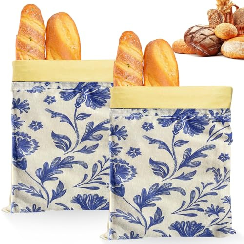 2 stycken brödpåsar med bivax, 43 cm x 33 cm brödpåse, återanvändbart förvaringsbyte av bomull med bivax och linne, för hembakat bröd och bakverk (blommönster)