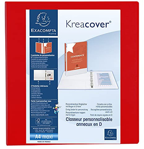 Exacompta 51845RE Präsentationsringbuch KreaCover aus blickdichtem Kunststoff für DIN A4, 4-D Ring Mechanik 60 mm, Rücken 90 mm, rot ideal für Schule und Büro Ringhefter Ringordner Ringbuchordner