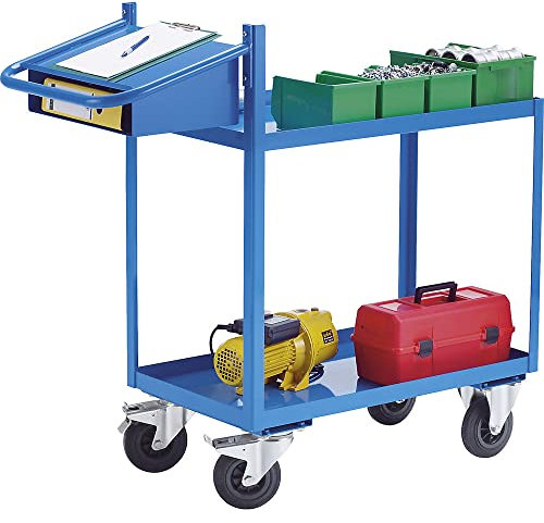 eurokraft | Montagehilfswagen | mit Wannenböden | Schreibtafel und Einschubfach | Ladefläche LxB 900 x 500 mm | 2 Etagen