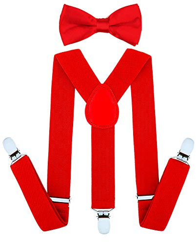 AWAYTR Child Kids Suspenders Bowtie Set - Adjustable Suspender Set for Boys and Girls(25Inches (3 Years to 6 Years),Red)