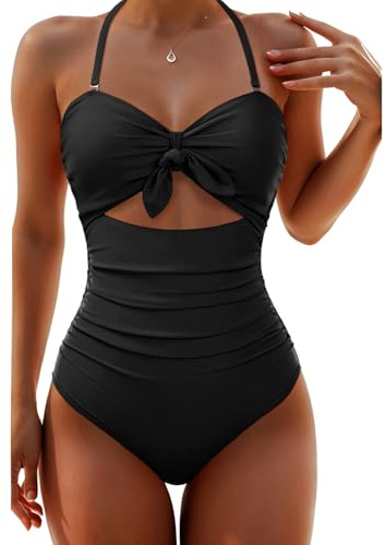 Tempt Me Women Black Sexy Cutout One Piece Swimsuits Tummy Control High Waisted Halter Front Tie Knot Bathing Suit L