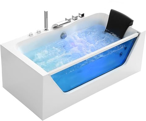 Empava 59 x 29 Whirlpool Tub,750W Acrylic Jetted Bathtub with 11 Jets,Hydromassage with Chromatherapy,3-Side Apron,58 Gallons,ETL Certified