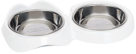 Catit PIXI Doppelnapf für Katzen, Edelstahl, weiß, 2x200 ml | Flaches, schnurrhaarfreundliches Design, herausnehmbare Näpfe, spülmaschinengeeignet und rutschfeste Halterung