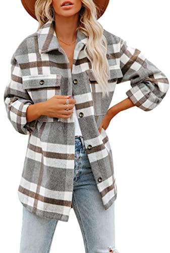Jhsnjnr Camicie da donna in flanella a quadri oversize a maniche lunghe scozzese con bottoni giacche shacket, Grigio-Plaid, S