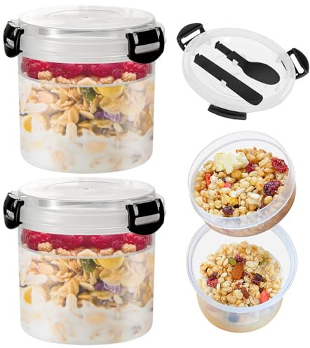 Eiflayn Overnight Oats Jar - Lot de 2 Bols Muesli à Emporter avec Cuillère, 600+200ml Double Couche Pot Yaourt Anti-fuite pour le Travail, l'École, les Voyages