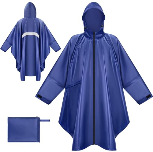 BTNEEU Poncho Antipioggia Impermeabile Donna Giacca Antipioggia Uomo con Cappuccio e Maniche e Tasca Riutilizzabile Mantella da Pioggia Lungo per Trekking Campeggio Pesca (Blu)