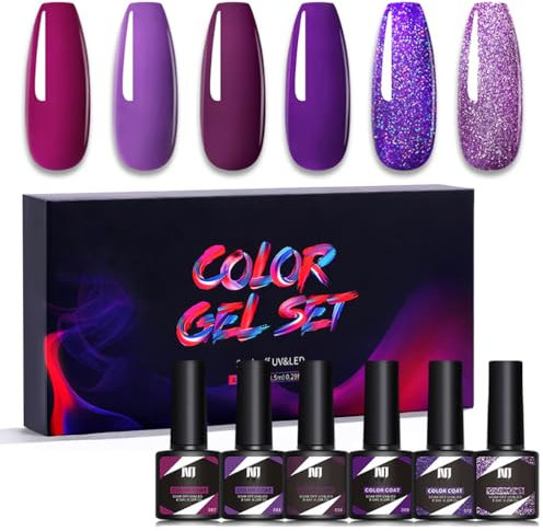 6 Colour Gel Nail Polish Set, Classic Purple Gel Nail Kit, Soak Off UV - Glitter Dark Pink Dark purple Dark Red gel nail polish, Nail Salon DIY Home Manicure, Women's nail polish Set Gift (Purple)