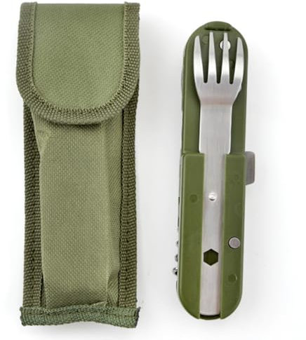 QOCUILC Set de Couverts Camping Pliants 5 en 1 en Acier Inoxydable, Ensemble Multifonction Amovible pour Randonnée, Pique-Nique, Festival et Voyages en Extérieur