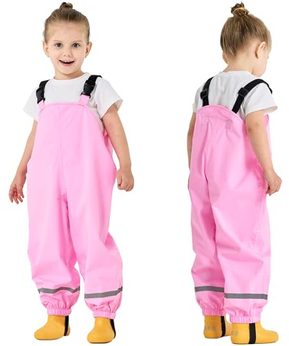 Fewlby Pantalon Impermeable Niñas Niños Pantalones Peto de Lluvia, Mono Impermeable Chubasquero con Tiras Reflectantes Outdoor Traje Impermeable, 2-3 Años