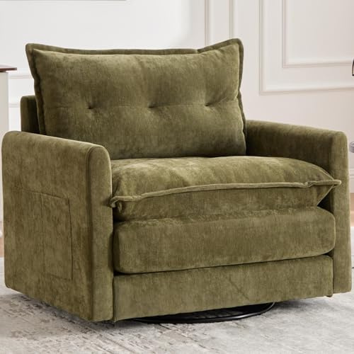 Kolavess Oversized Swivel Chair, 36 Chenille Swivel Armchair Accent Chair for Living Room, Mid Century Modern Comfy Thick Padded Arm Chairs, Green
