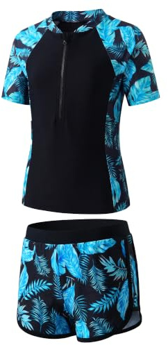 Baogaier Flickor Baddräkt, 2 Delar Blommigt Tryck Kortärmad T-shirt med Dragkedja + Badbyxor Snabbtorkning Poolstrand Simning Barn Kläder för 5-14 År, Svart, 7-8 �r