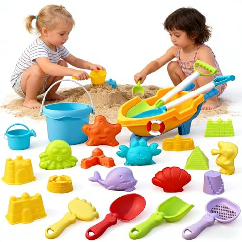 Sandspielzeug Set 19 Stück Sandkasten Spielzeug Strandspielzeug Kinder Junge Mädchen mit Eimer, Strandbuggy, Sandförmchen, und Schaufel Reise Sand Spielzeug ab 1 Jahr für Draußen Strand (B-19pc)