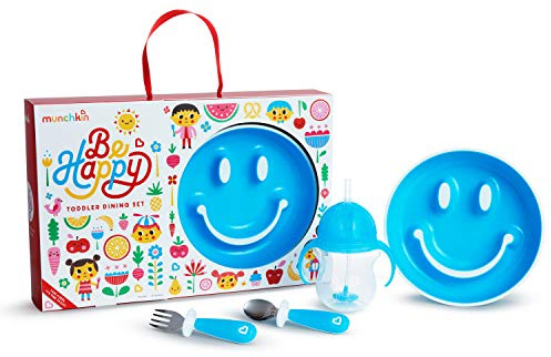 Munchkin Be Happy Toddler Dining Set, Includes Suction Plate, Straw Cup and Utensil Set, Blue | 3 piece toddler dining set with suction plate, weighted straw cup and ergonomic fork and spoon, designed for self-feeding.