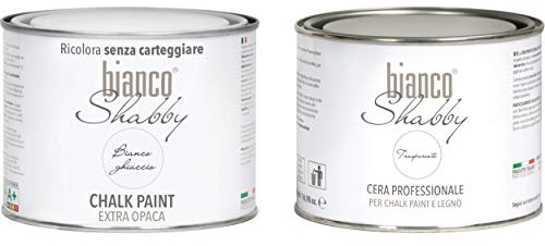 CHALK PAINT Bianco Ghiaccio & CERA NEUTRA Pittura Shabby Chic (500 ml) + Cera Professionale (500 ml)