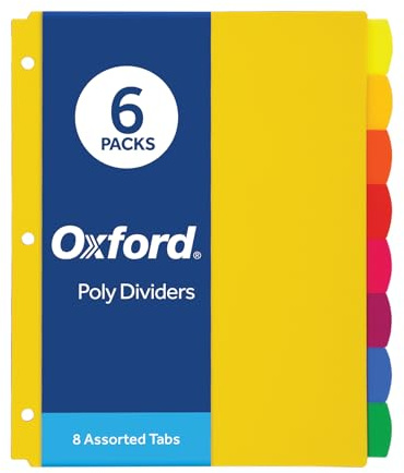 Oxford Plastic Binder Dividers for 3 Ring Binder, Durable Plastic Binder Divider, 8 Tab, Multicolor Tabs, 3 Hole Punched, Letter Size, 6 Sets (89601)