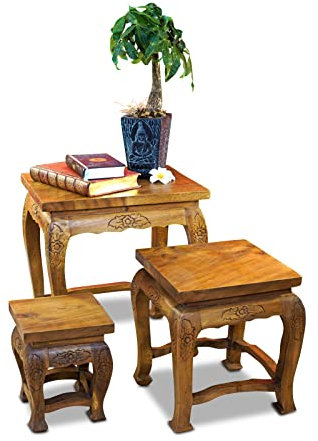 Kinaree Beistelltisch Set Nana - Opium Tisch Set Massivholz - Akazie Blumentische mit Schnitzerei