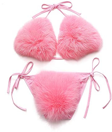 ZOSCGJMY Damen Flauschige Künstliche Fell Pelz Bikini Set Triangel Bikini Zweiteiliger Badeanzug (Rosa)