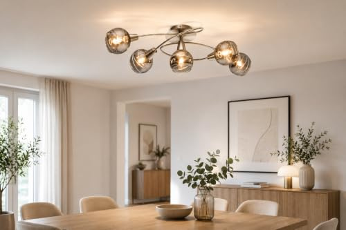 Trango 5-flg. 1010-58SD Edelstahl-Optik Deckenleuchte schwenkbar *WOW* inkl. 5x 3-Stufen dimmbar LED-Leuchtmittel 3000K warmweiß Deckenlampe mit Design rauchigen Glasschirmen Wohnzimmer Deckenstrahler