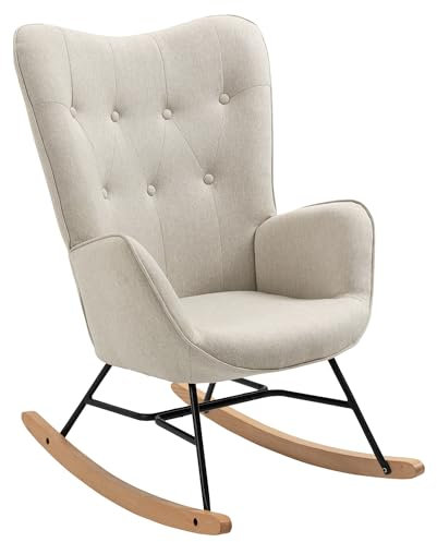 MEUBLE COSY Schaukelstuhl Sessel Schaukelsessel Stillstuhl Schwingstuhl mit Armlehnen Gepolsterter Sitzfläche für Wohnzimmer Schlafzimmer, Balkon, Stoff und Holzkufen, Bis 120 kg Belastbar, Beige