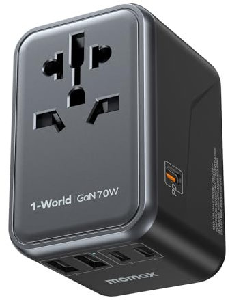 MOMAX Universal Travel Adapter,70W GaN Travel Plug Adapter with UK/EU/AU/US Plugs, 3USB-C PD & 2USB-A QC International Adapter Charger, Adapter Plug for Laptops Tablets Phones Vision Pro 1-World
