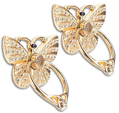 [2 Packs] Butterfly Glitter Bling Bling Phone Ring Holder, Sparkle Phone Ring Grip Artificial Diamond Stand,Rhinestone Cell Finger Ring for Phones,Pad