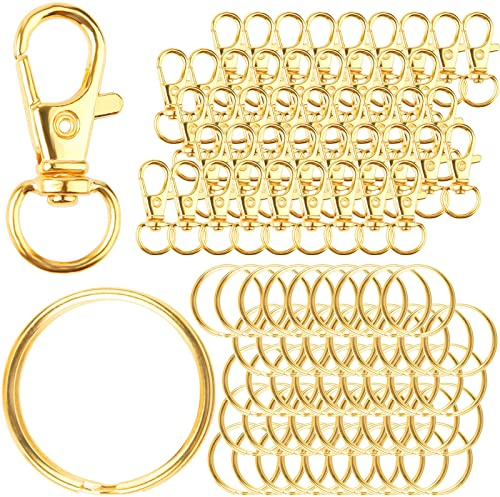 Mosquetón Llavero para Manualidades - 90 Unidades de Acero Inoxidable, Anillos Pequeños Con Articulación Giratoria (Dorado)
