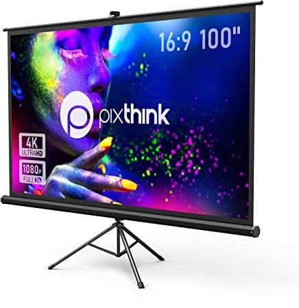 Projektionsleinwand mit Ständer, Pixthink 100 Zoll Projektionsleinwand für Innen und Außen für Film oder Büropräsentation, 16:9 HD Premium faltenfreie Stativleinwand für Projektor