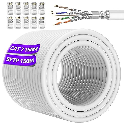 Soibke Lan Kabel 150 Meter, Outdoor Netzwerkkabel Cat 7 Verlegekabel WifiKabel 10Gbps 600MHz EthernetKabel SFTP RJ45 Kabel Geschirmt Patchkabel Weiß Internet Kabels Installationskabel Wlan Kabels