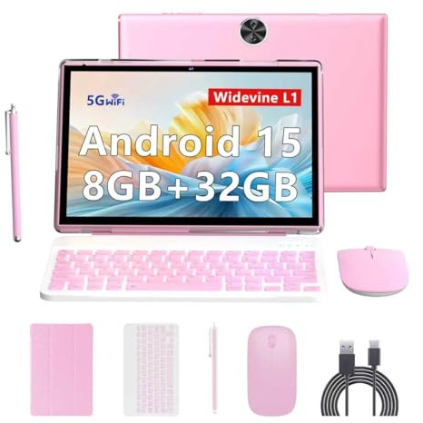 RUIQIAI Android 15 Tableta, 2 in 1 Tablet 10 Inch with Keyboard Case, 8GB+32GB ROM/1TB, Quad Core, Dual Carema, Games, Wi-Fi, BT, GMS(Pink)