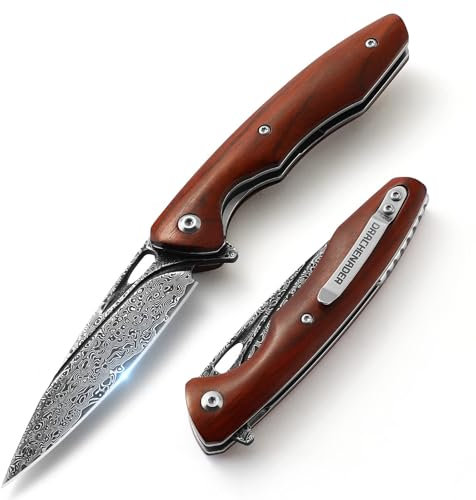 DRACHENADER Couteau de poche Damas à une main, couteau pliant Damas avec clip, noyau en acier VG10 et manche en bois, polyvalent et maniable, parfait compagnon de camping en plein air