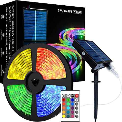 Lumtang Solar Außen LED Strip, RGB LED Streifen 5 m, solarbetriebener RGB Farbwechsel Solarlichterkette mit 8 Beleuchtungsmodi, Party, Garten, Schwimmbad, Lager, Außendekoration.…
