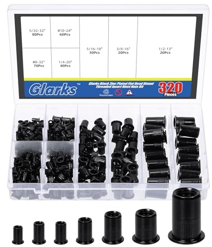 Glarks 320Pcs 5/32-32UNC 8-32UNC 10-24UNC 1/4-20UNC 5/16-18UNC 3/8-16UNC 1/2-13UNC Rivet Nuts Kit Black Zinc Plated Carbon Steel Flat Head Rivnut Threaded Insert Rivet Nuts Assortment Set
