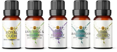 Fragrance Oils for Candle Making Scents Set 5 x 10ml | Home Diffuser Refill, Wax Melts, Soaps, Perfume | Lime Basil & Mandarin, Fresh Laundry, Royal Oudh, Baby Powder, Dark Orchid