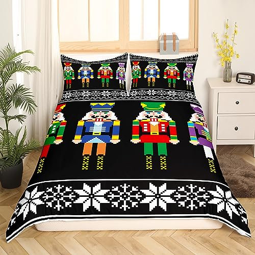 Homewish Nutcracker Duvet Cover King, Retro Xmas Bedding Set for Kids Boys, Colorful Scandinavian Christmas Snowflakes Comforter Cover, Black White Bedroom Decor Winter Quilt Cover