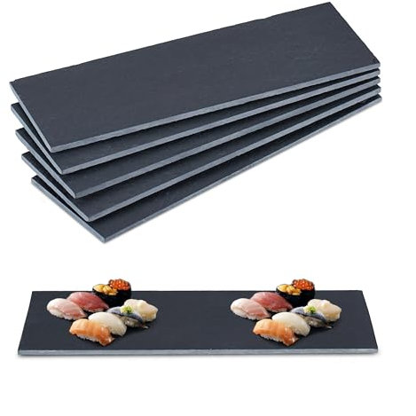 Relaxdays Piatti da Portata in Ardesia, Set da 6 Vassoi Rettangolare 30x10cm, Servire Sushi, Salumi e Formaggi Antracite