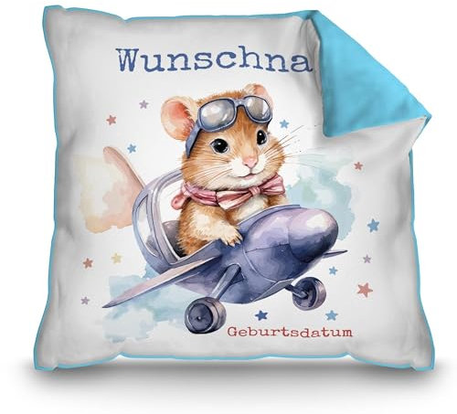 PR Print Royal Personalisiertes Kissen für Kinder mit Name und Geburtsdatum selbst gestalten - Hamster im Flugzeug - Hamster Kinderkissen mit Name | 40 x 40 cm, Rückseite Hellblau