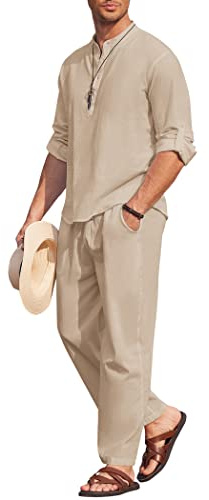 COOFANDY Men's 2 Pieces Cotton Linen Set Long Sleeve Henley Shirts Casual Beach Pants With Pockets Summer Yoga Outfits