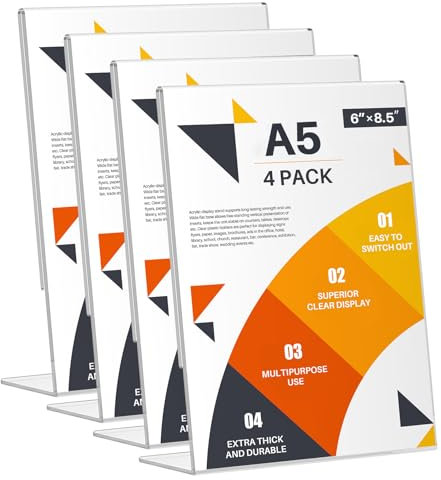 WenYa A5 Acrylic Sign Holder (4 Pack), L-Shape Perspex Display Stands, Clear Poster Leaflet Menu Holders for Office Shop Restaurant Hotel School